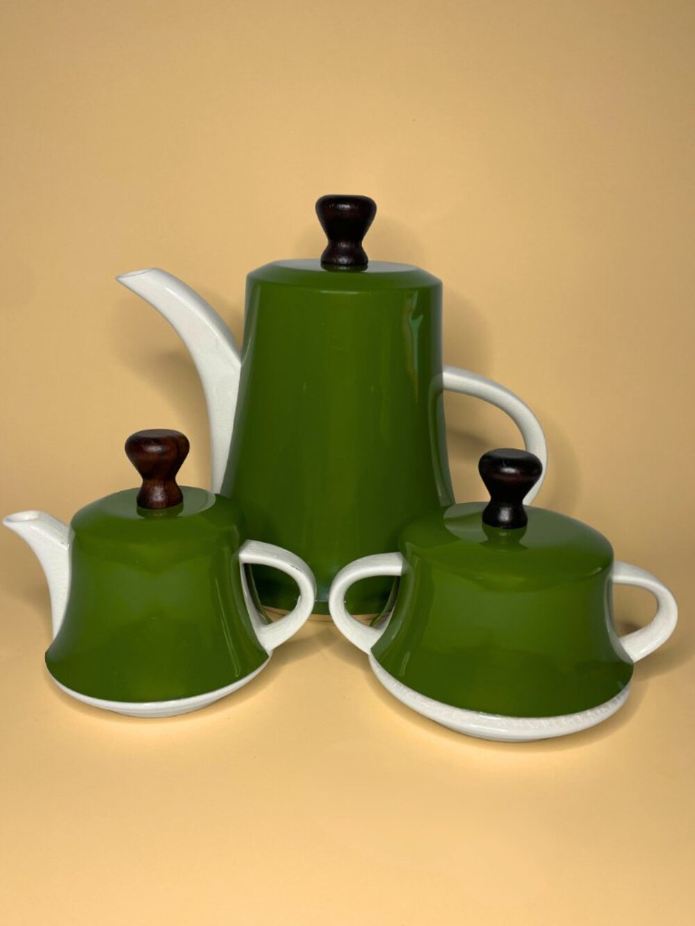 Vintage Mid-Century Olive Green & White Insulated Tea Set - Teapot Creamer Sugar